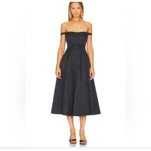 Free People Alinda Midi Dress SIZE 8 Shiny Black Off Shoulder Medium